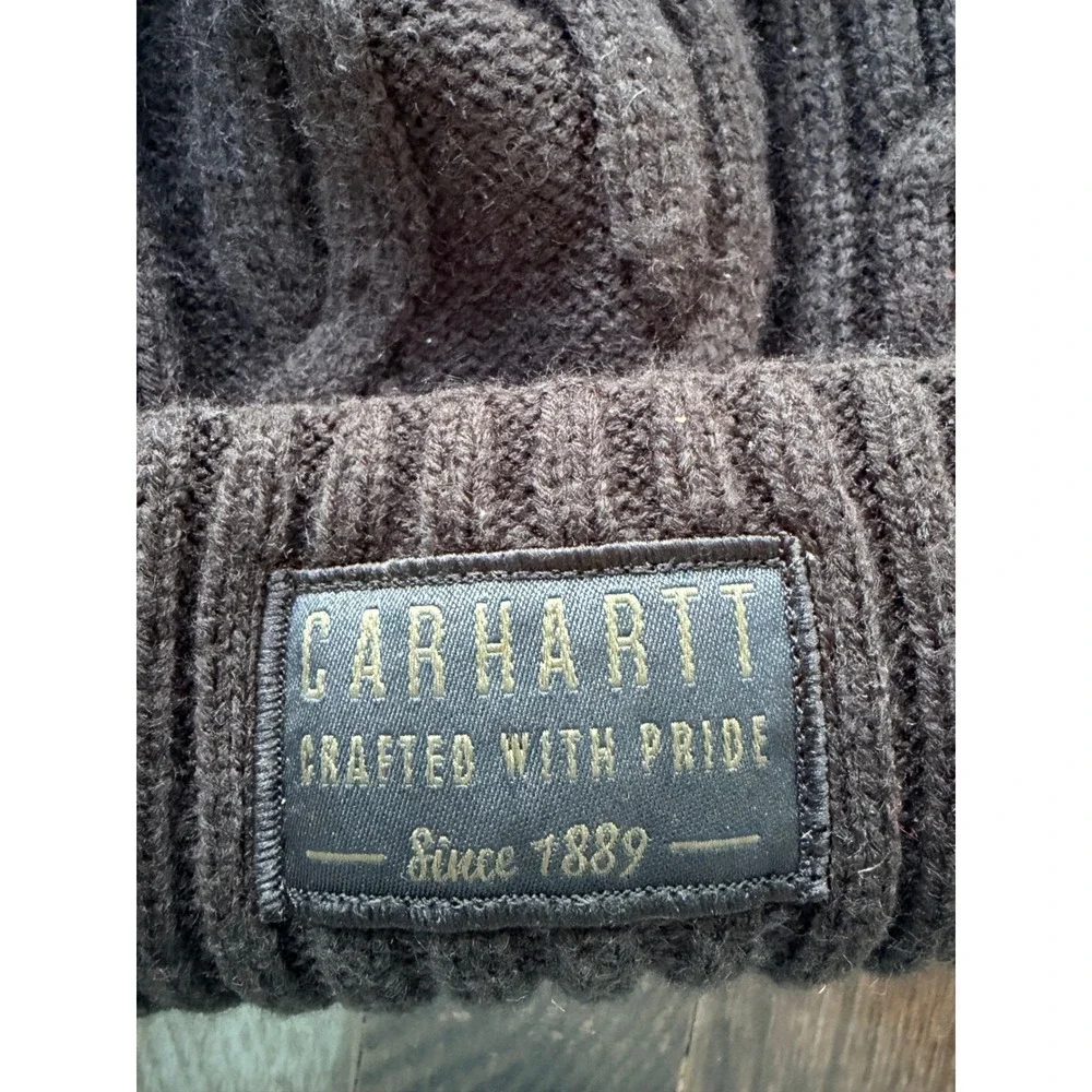 Carhartt Black Cable Knit Pom Beanie Hat Faux Fur‎ Winter Cap OS